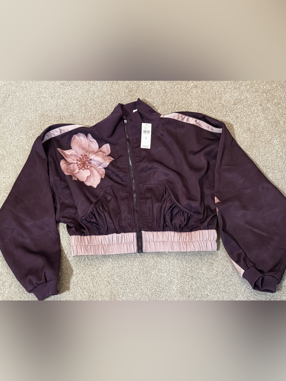Daily Practice Plum Jacket with Pink Waistband and Floral Accent